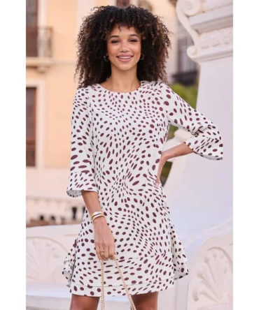 Ivory & Chocolate Brown Spot Print Ruffle Hem Shift Dress
