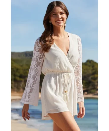 Ivory Crochet Flared Sleeve Wrap Playsuit