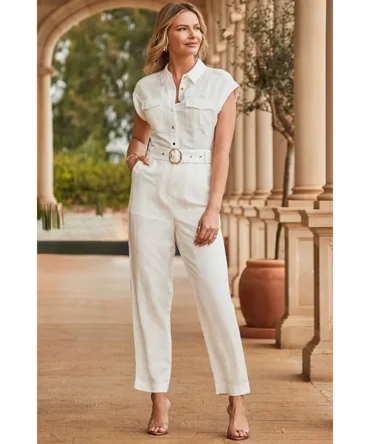 Ivory Linen Blend Utility Jumpsuit