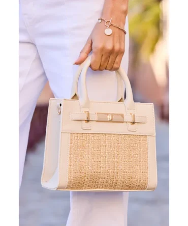 Ivory & Natural Raffia Small Tote Bag With Cross Body Strap