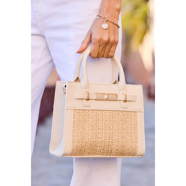 Ivory & Natural Raffia Small Tote Bag With Cross Body Strap