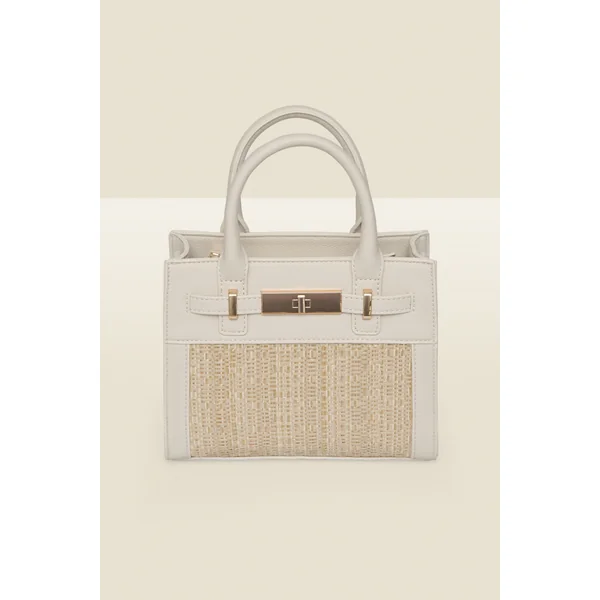 Ivory & Natural Raffia Small Tote Bag With Cross Body Strap