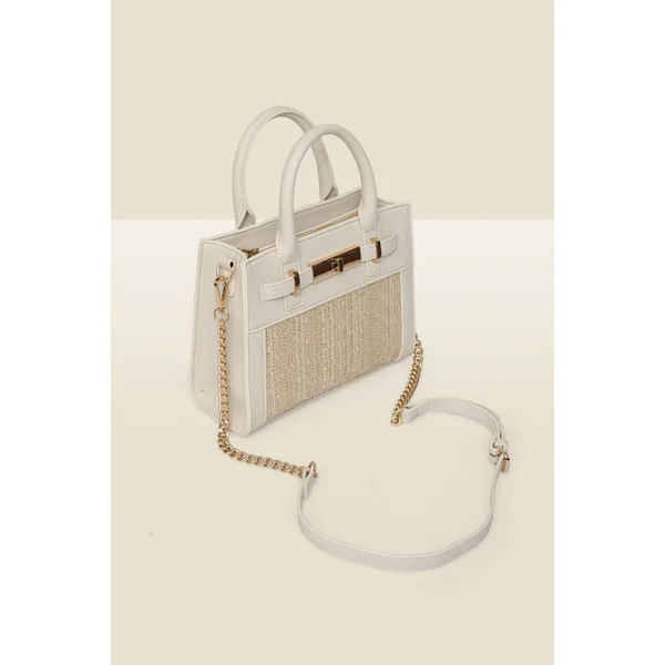 Ivory & Natural Raffia Small Tote Bag With Cross Body Strap