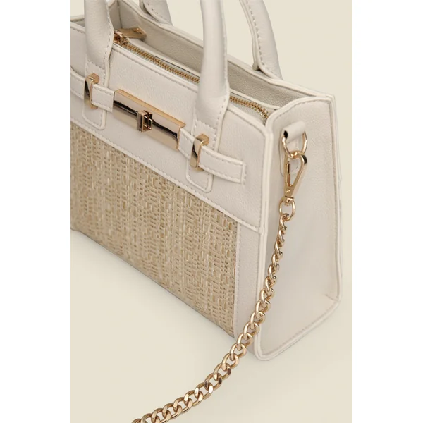 Ivory & Natural Raffia Small Tote Bag With Cross Body Strap