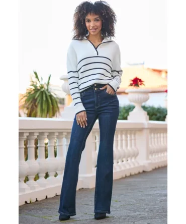 Ivory & Navy Stripe Gold Button Detail Collared Jumper