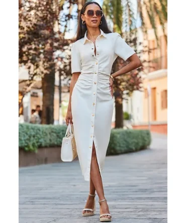 Ivory Ruched Waist Popper Front Denim Dress