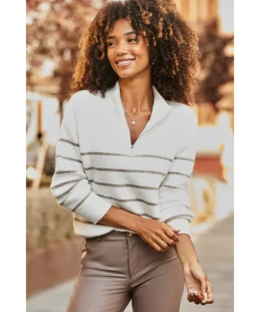 Ivory & Taupe Stripe Quarter Zip Jumper