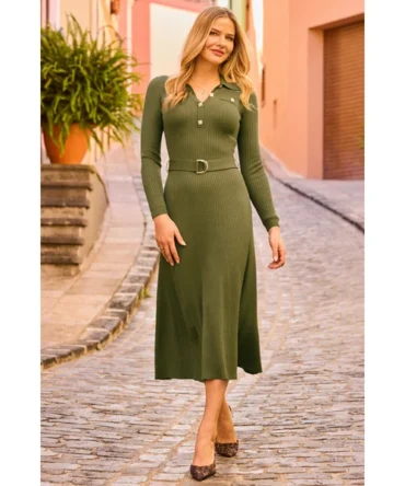 Khaki Green Belted Button Detail Midi Dress
