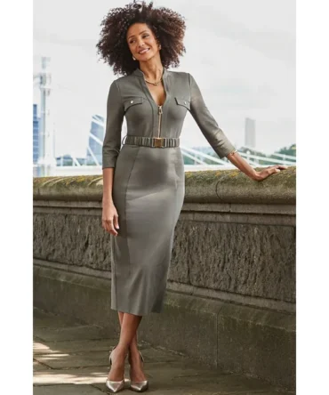 Khaki Green Ponte Belted Midi Dress