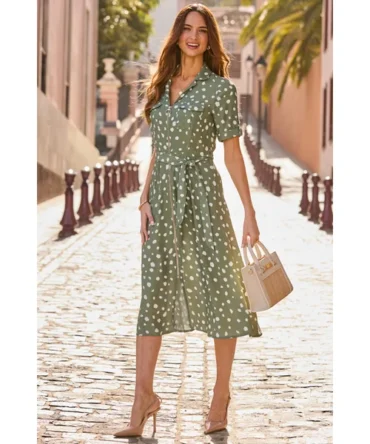 Khaki Green & White Fleck Print Zip Front Shirt Dress