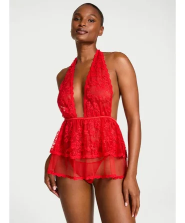 Lace Tulle Plunge Babydoll Set