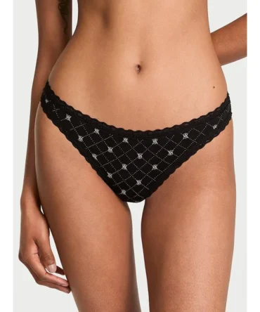 Lace-Waist Cotton Thong Panty