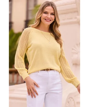 Lemon Yellow Pointelle Sleeve Boat Neck Jumper