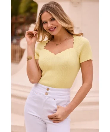 Lemon Yellow Scallop Edge Ribbed Knitted Top