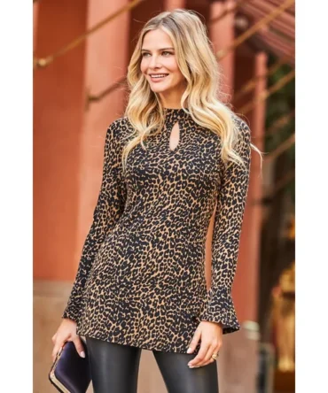 Leopard Print Keyhole Detail Fluted Cuff Jersey Top