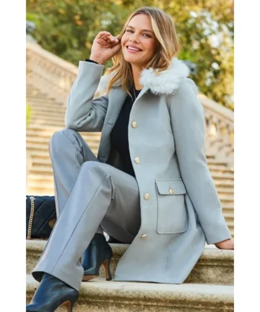 Light Grey Button Detail Coat With Faux Fur Collar