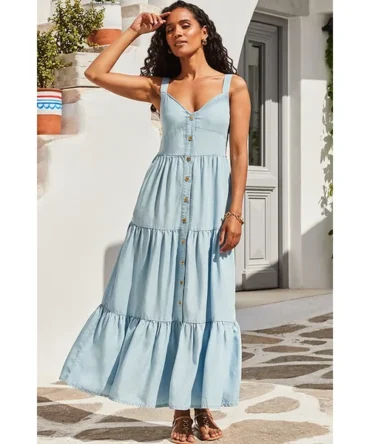 Light Wash Button Front Tiered Hem Denim Dress