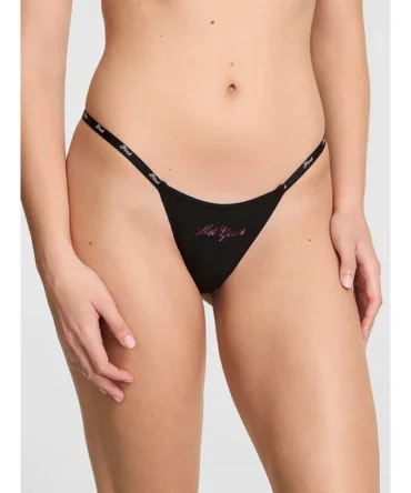 Logo Cotton Denim Haze Micro Thong Panty