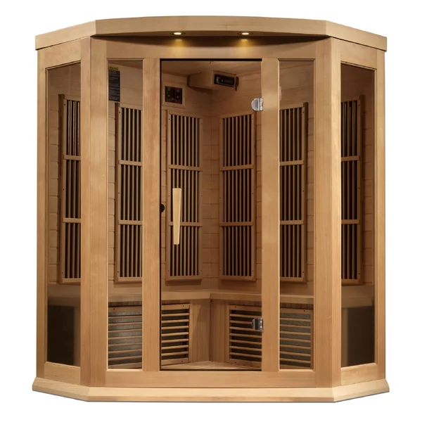 Maxxus 3 Person Corner Near Zero EMF FAR Infrared Sauna – Canadian Hemlock