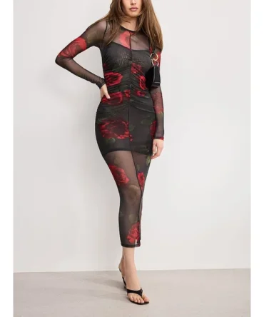 Mesh Ruched Maxi Dress