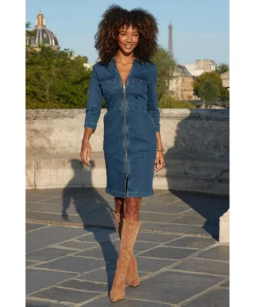 Mid Blue Zip Front Denim Dress