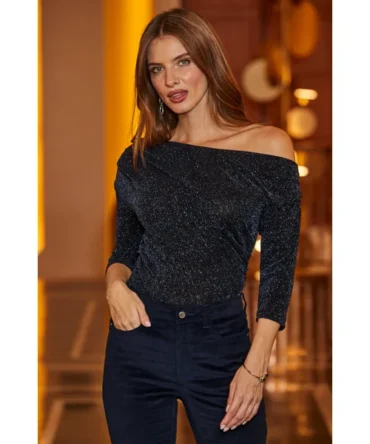 Midnight Blue Shimmering Off The Shoulder Top