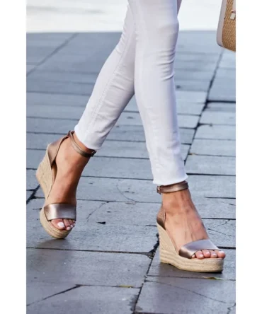 Mila Gold Leather Ankle Strap High Wedge Espadrille