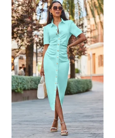 Mint Green Ruched Waist Popper Front Denim Dress