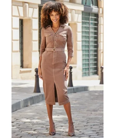 Mocha Belted Corduroy Midi Dress