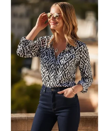 Navy Blue Aztec Print Relaxed Utility Shirt