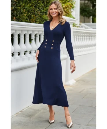 Navy Blue Knitted Button Detail Fit & Flare Midaxi Dress