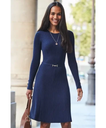 Navy Blue Ribbed Knit Fit & Flare Dress