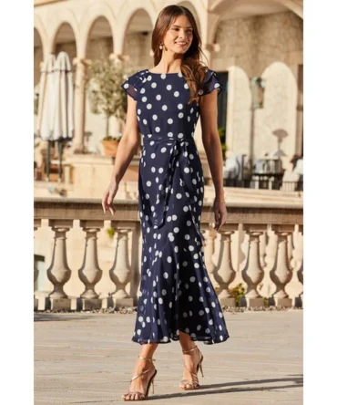 Navy Blue Spot Print Frill Hem Midaxi Dress