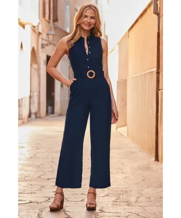 Navy Blue Statement Belt Linen Blend Culotte Jumpsuit