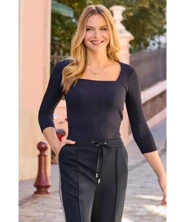 Navy Blue Texture Square Neck Top