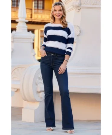 Navy Blue & White Stripe Stitch Detail Jumper