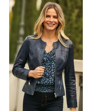 Navy Blue Zip Front Round Neck Leather Jacket