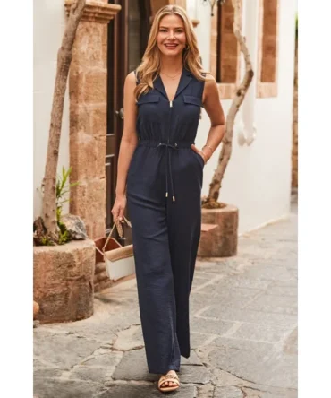 Navy Blue Zip Front Wide Leg Jumpsuit