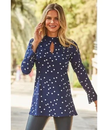 Navy & White Spot Print Keyhole Detail Fluted Cuff Top