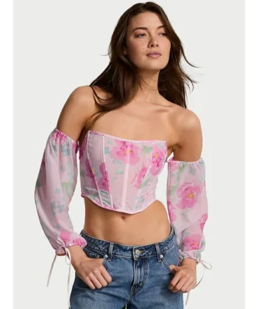 Peony Chiffon Long-Sleeve Corset Top