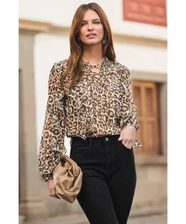 Petite Leopard Print Lace Up Blouse