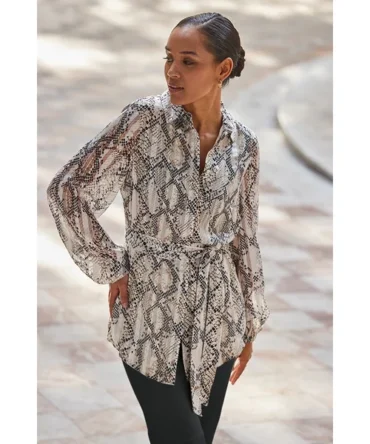 Petite Snake Print Relaxed Fit Belted Longline Shirt