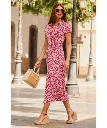 Pink Abstract Print Twist Detail Midi Jersey Dress
