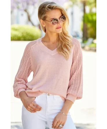 Pink Pointelle Sleeve V Neck Jumper