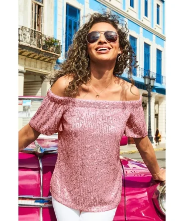Pink Sequin Bardot Short Sleeve Top