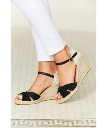Piper Black Suede Ankle Strap Mid Wedge Espadrille