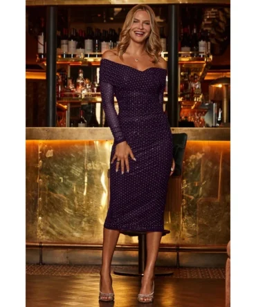 Purple Dazzling Bardot Ruched Midi Dress