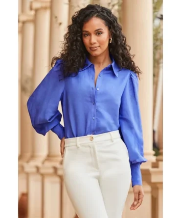 Purple Linen Blend Blouson Sleeve Shirt