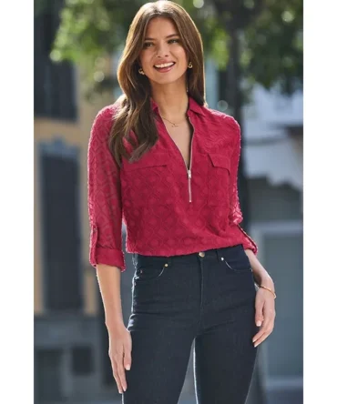 Raspberry Pink Textured Zip Front Tunic