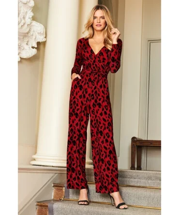 Red Animal Print Wrap Front Wide Leg Jumpsuit With Pockets